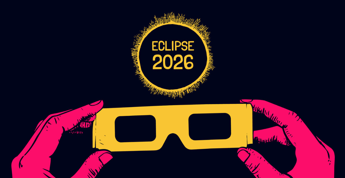 Gafas para ver o eclipse sostidas por dúas mans e logo do eclipse 2026