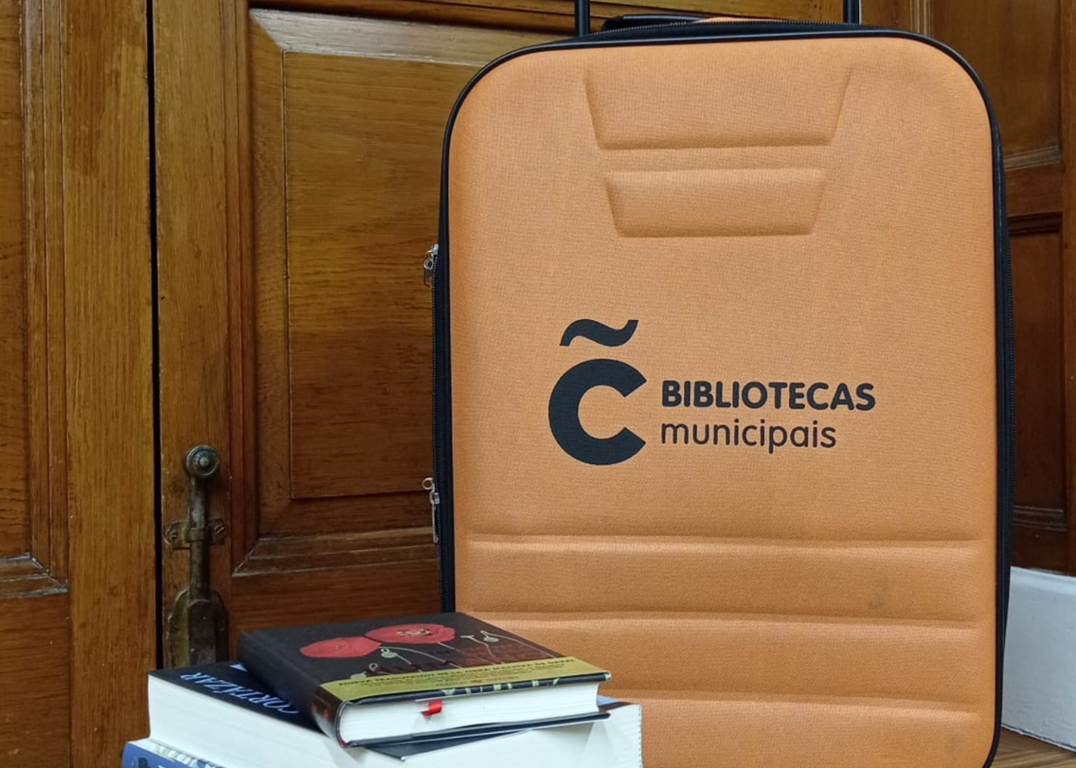 Lote de libros e maleta laranxa das Bibliotecas Municipais