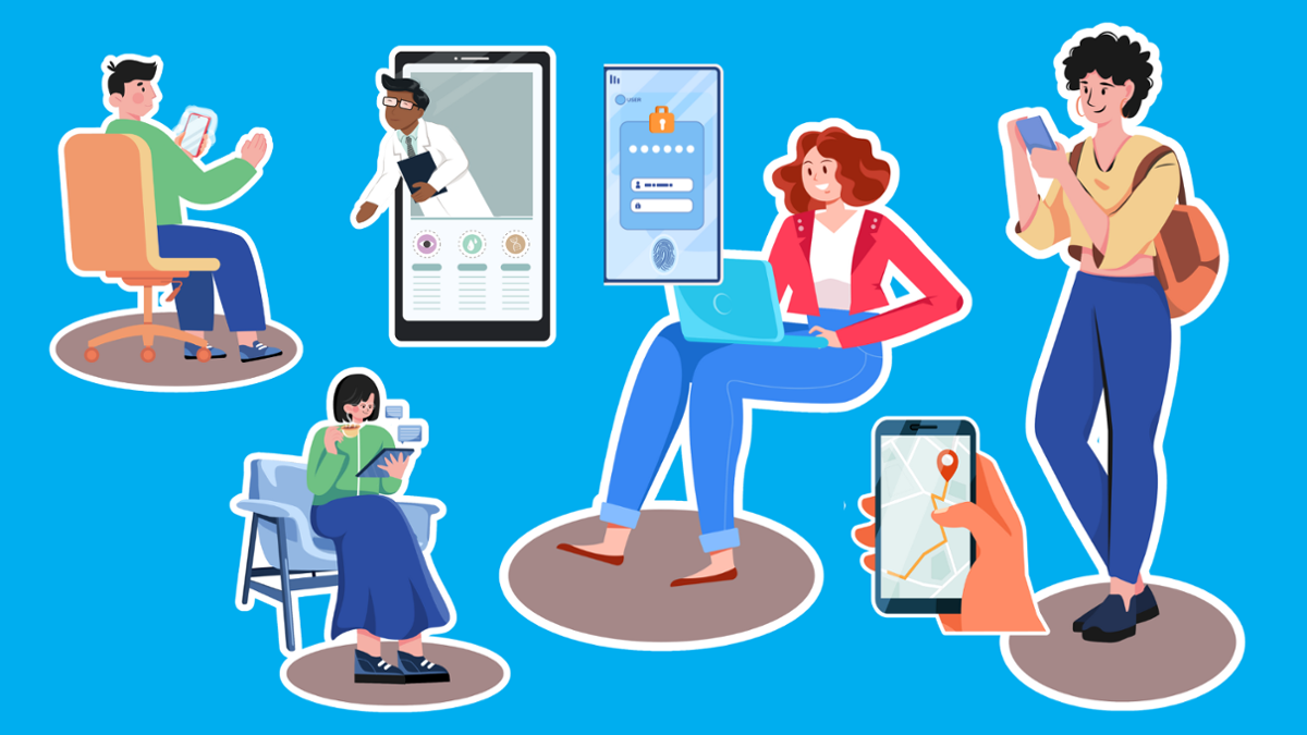 Infografía de varias persoas con dispositivos informáticos.