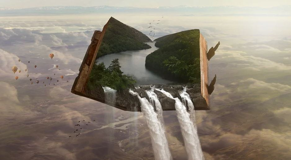 Libro aberto, globos e fervenza de auga.