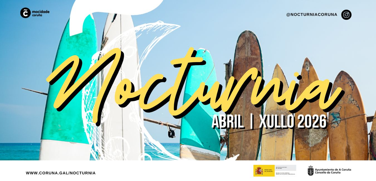 Banner co texto: Nocturnia abril-xullo 2026 e a ilustración de varias táboas de surf.